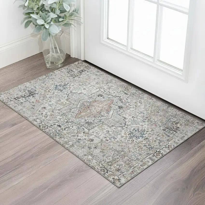 Ivory And Blue Oriental Washable Area Rug With UV Protection Photo 2