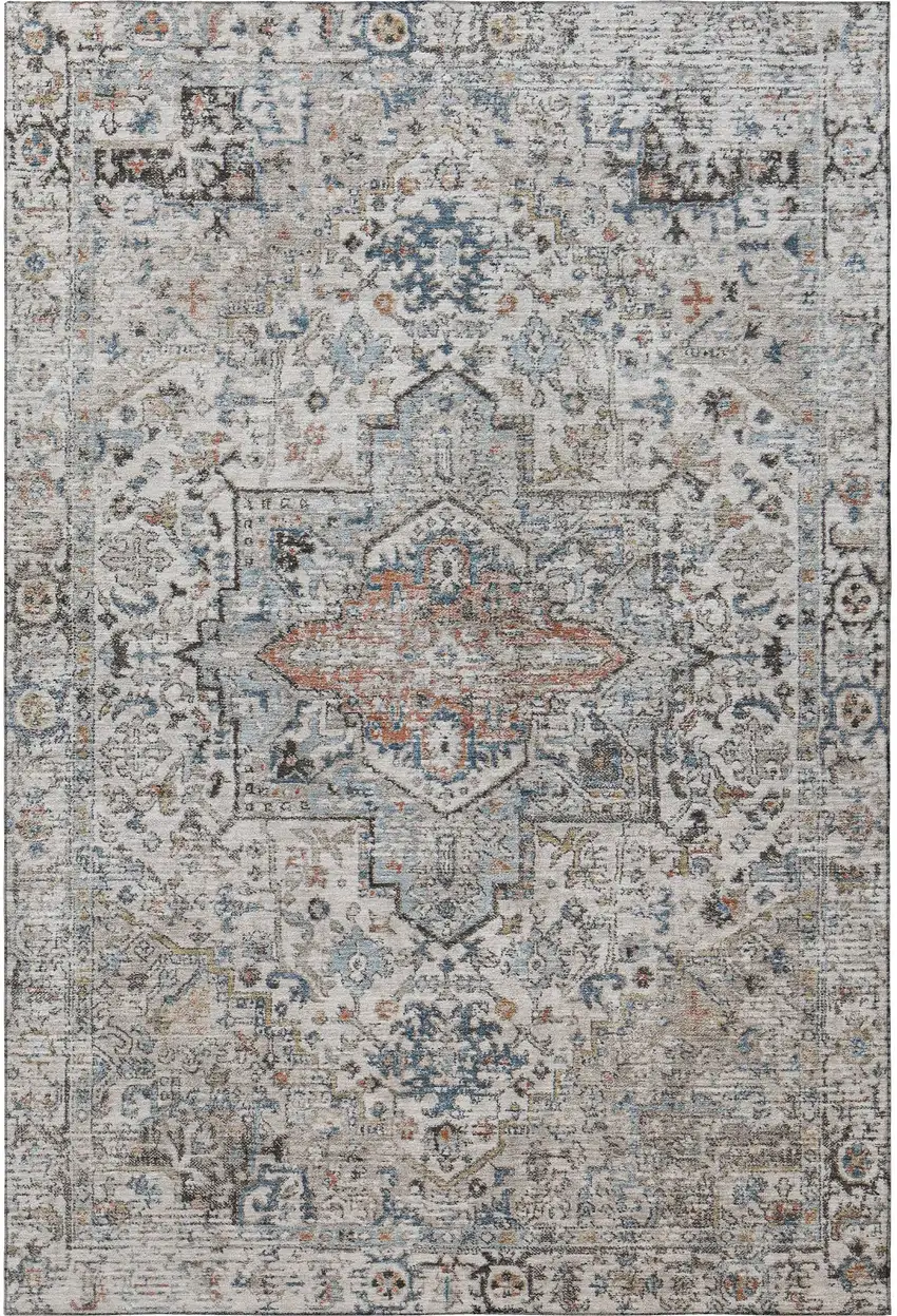 Ivory And Blue Oriental Washable Area Rug With UV Protection Photo 3