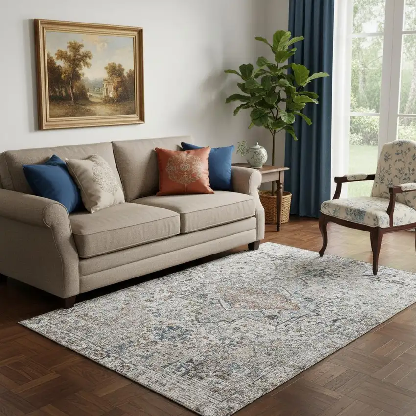 Ivory And Blue Oriental Washable Area Rug With UV Protection Photo 2