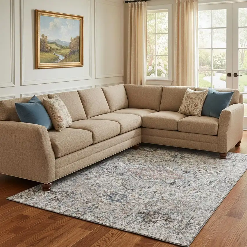 Ivory And Blue Oriental Washable Area Rug With UV Protection Photo 2