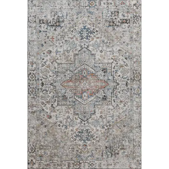 Ivory And Blue Oriental Washable Area Rug With UV Protection Photo 1