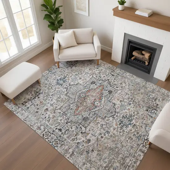 Ivory And Blue Oriental Washable Area Rug With UV Protection Photo 4