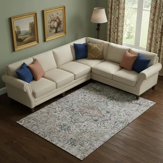 Ivory And Blue Oriental Washable Area Rug With UV Protection Photo 2