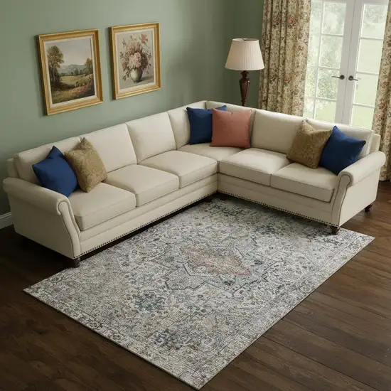 Ivory And Blue Oriental Washable Area Rug With UV Protection Photo 2