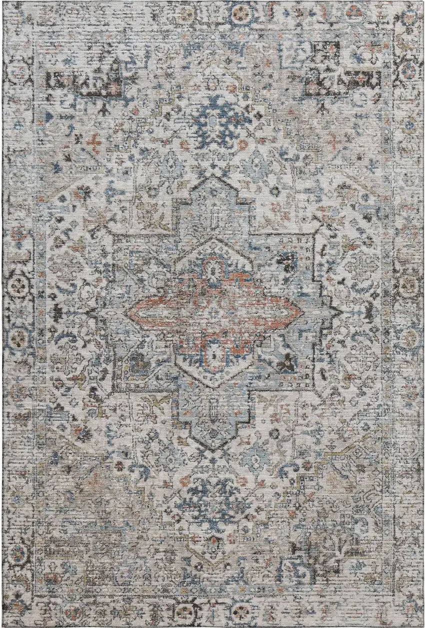 Ivory And Blue Oriental Washable Area Rug With UV Protection Photo 1