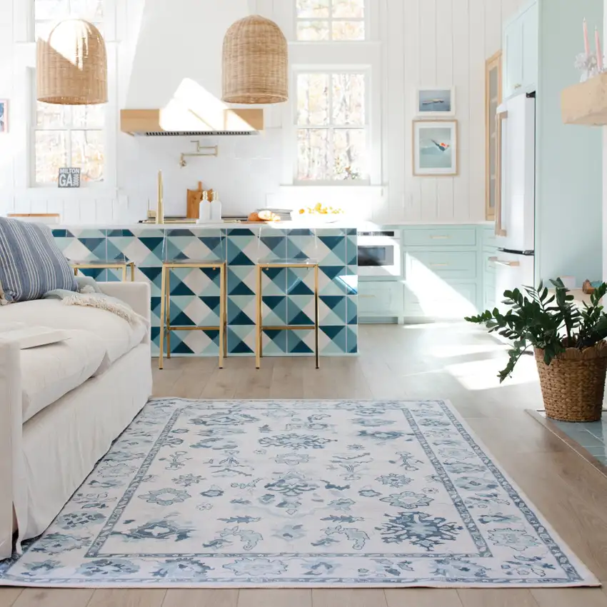 Ivory And Blue Oriental Washable Area Rug Photo 5