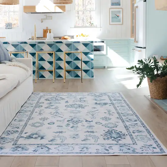 Ivory And Blue Oriental Washable Area Rug Photo 7