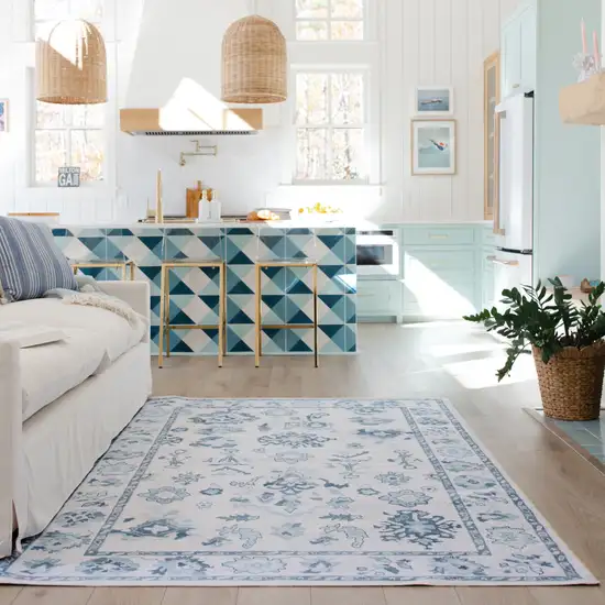 Ivory And Blue Oriental Washable Area Rug Photo 5