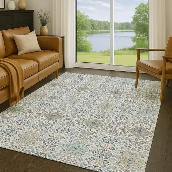 Ivory And Blue Oriental Washable Indoor Outdoor Area Rug Photo 5