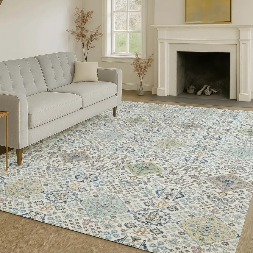 Ivory And Blue Oriental Washable Indoor Outdoor Area Rug Photo 6