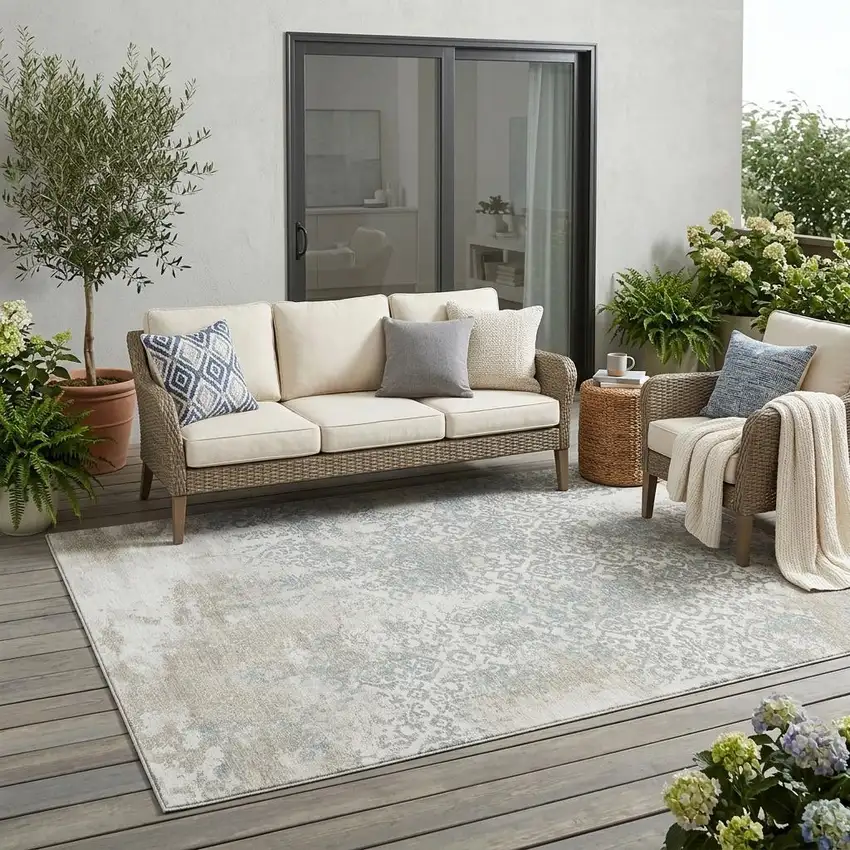 Ivory And Blue Oriental Washable Indoor Outdoor Area Rug Photo 1