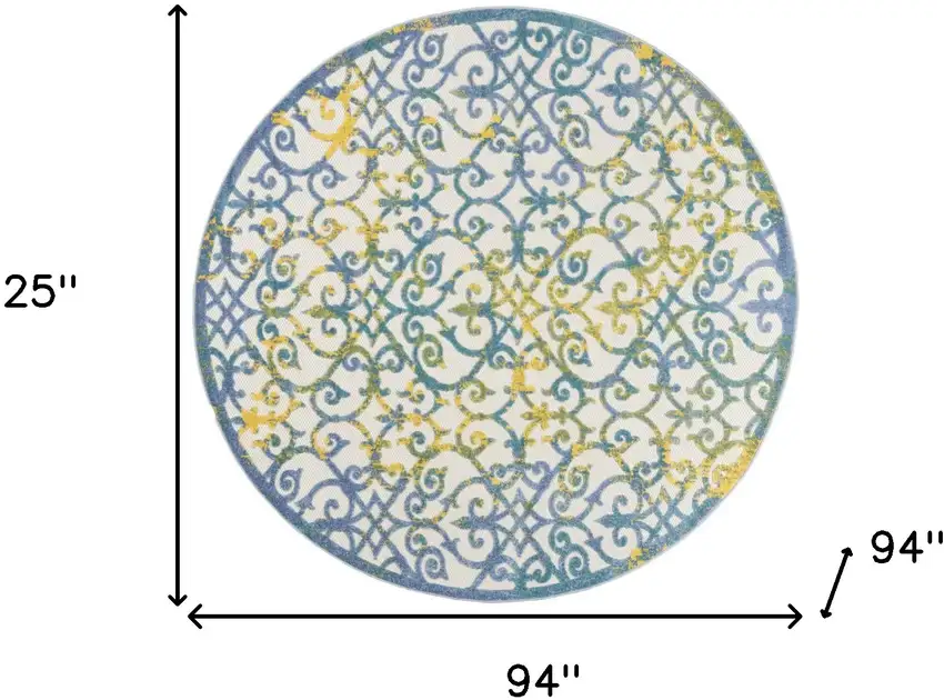 Ivory And Blue Round Damask Non Skid Indoor Outdoor Area Rug Photo 5