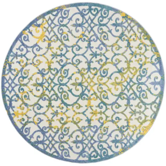 Ivory And Blue Round Indoor Outdoor Area Rug Photo 3