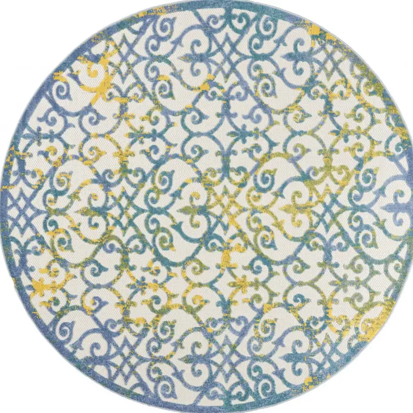 Ivory And Blue Round Damask Non Skid Indoor Outdoor Area Rug Photo 4
