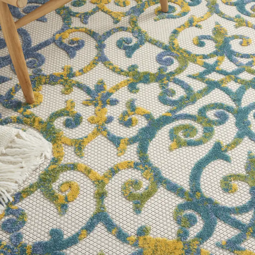 Ivory And Blue Round Damask Non Skid Indoor Outdoor Area Rug Photo 8