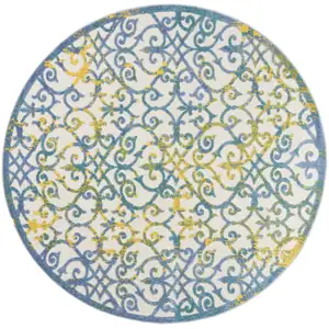 Photo of Ivory And Blue Round Damask Non Skid Indoor Outdoor Area Rug