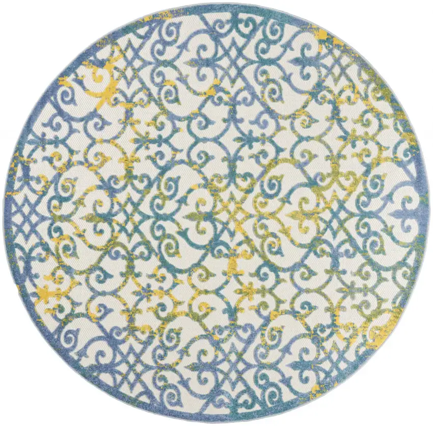 Ivory And Blue Round Damask Non Skid Indoor Outdoor Area Rug Photo 1