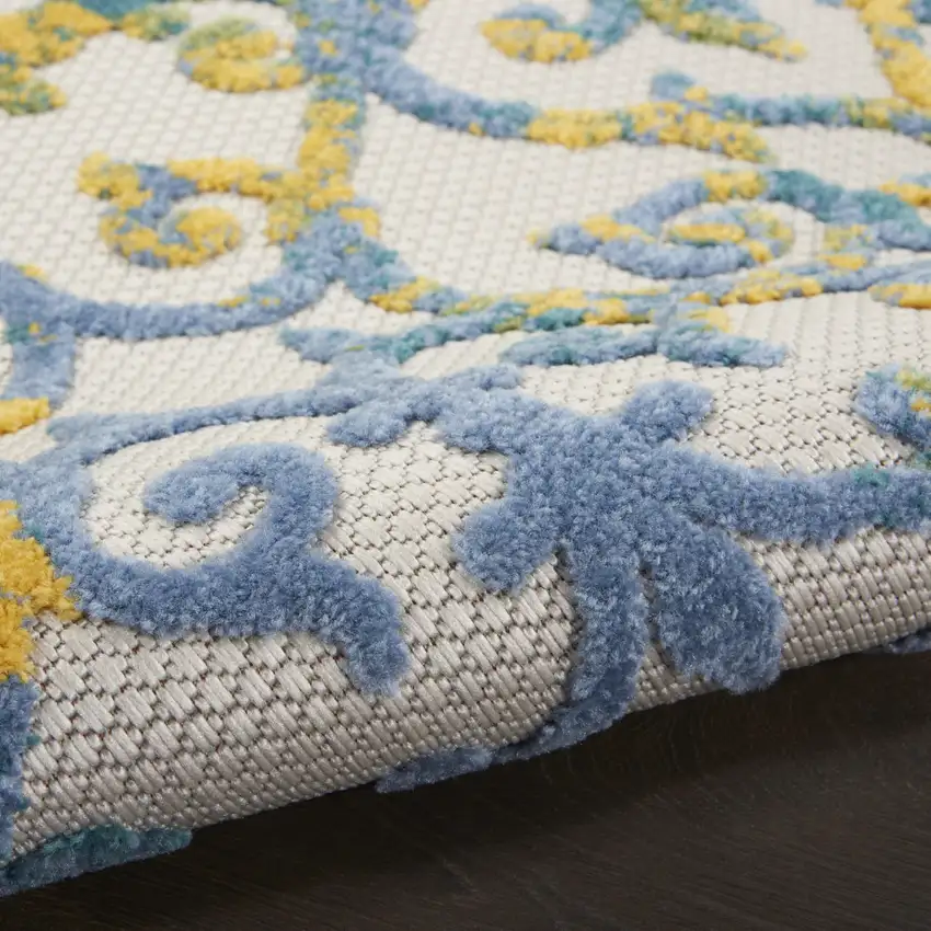 Ivory And Blue Round Damask Non Skid Indoor Outdoor Area Rug Photo 7