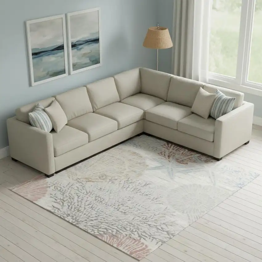Ivory And Blue Seashell and Coral Area Rug Photo 1