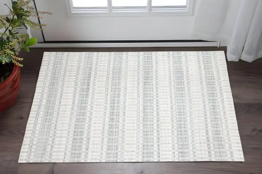 Ivory And Blue Striped Hand Woven Area Rug Photo 2
