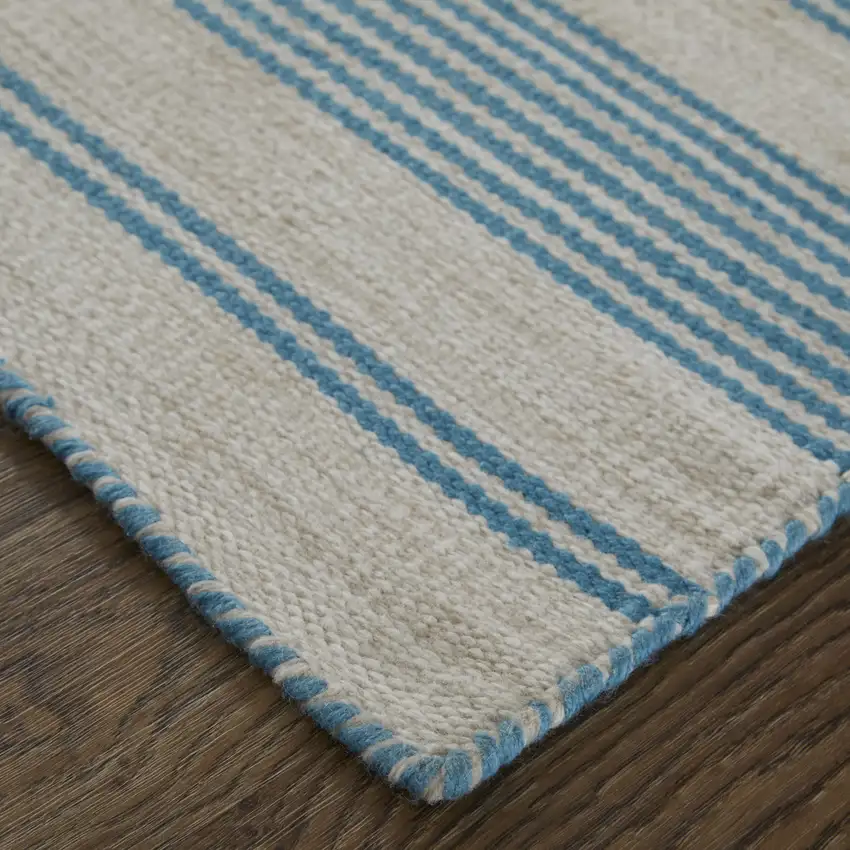 Ivory And Blue Striped Handmade Indoor Outdoor Area Rug Photo 6