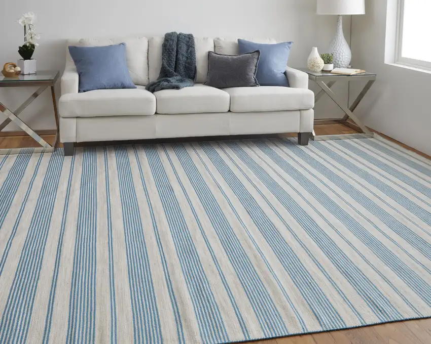 Ivory And Blue Striped Handmade Indoor Outdoor Area Rug Photo 5