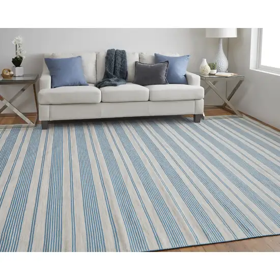 Ivory And Blue Striped Handmade Indoor Outdoor Area Rug Photo 5