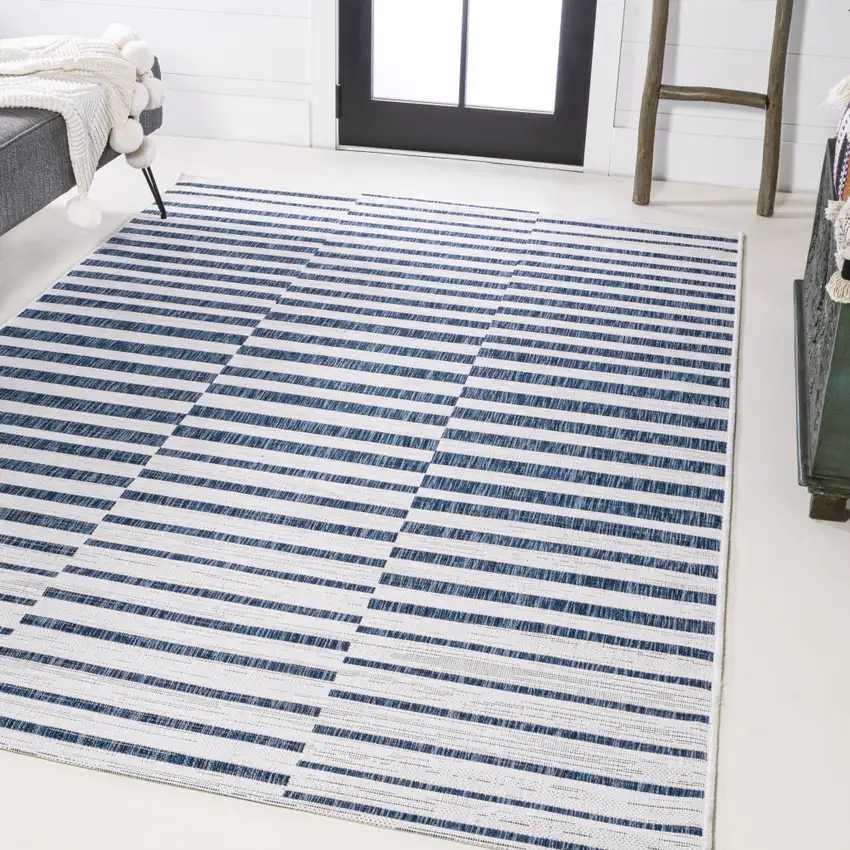 Ivory And Blue Striped Indoor Outdoor Area Rug Photo 5