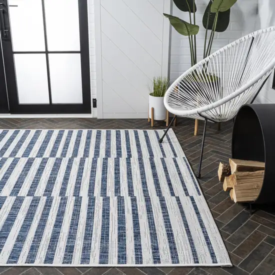 Ivory And Blue Striped Indoor Outdoor Area Rug Photo 9