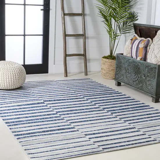 Ivory And Blue Striped Indoor Outdoor Area Rug Photo 8