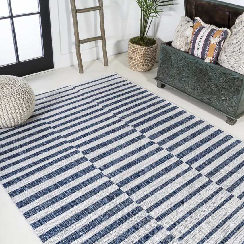 Ivory And Blue Striped Indoor Outdoor Area Rug Photo 7