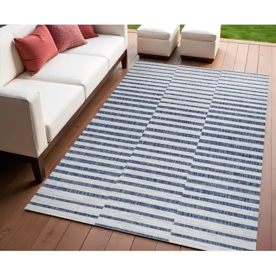 Ivory And Blue Striped Indoor Outdoor Area Rug Photo 1