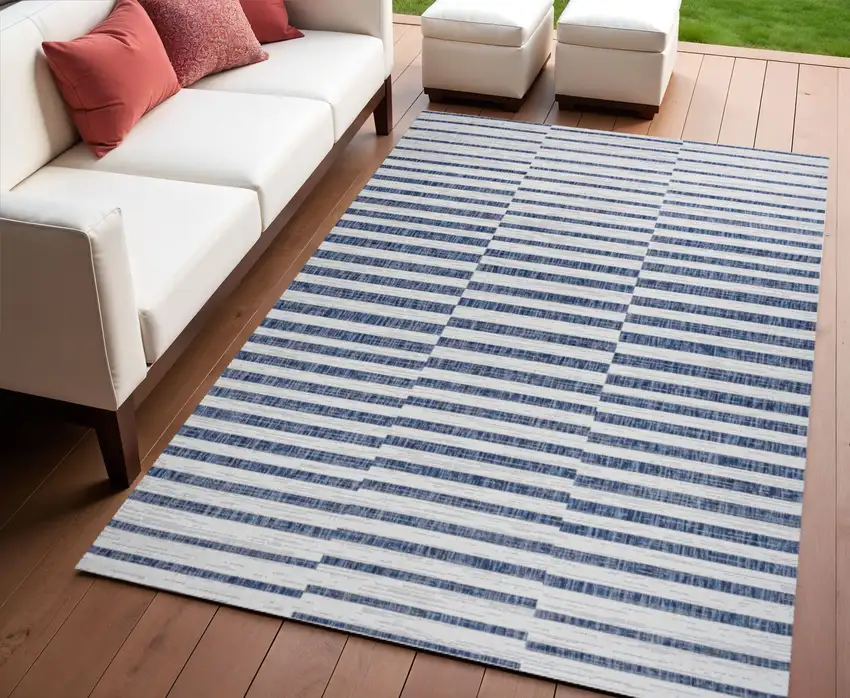 Ivory And Blue Striped Indoor Outdoor Area Rug Photo 1