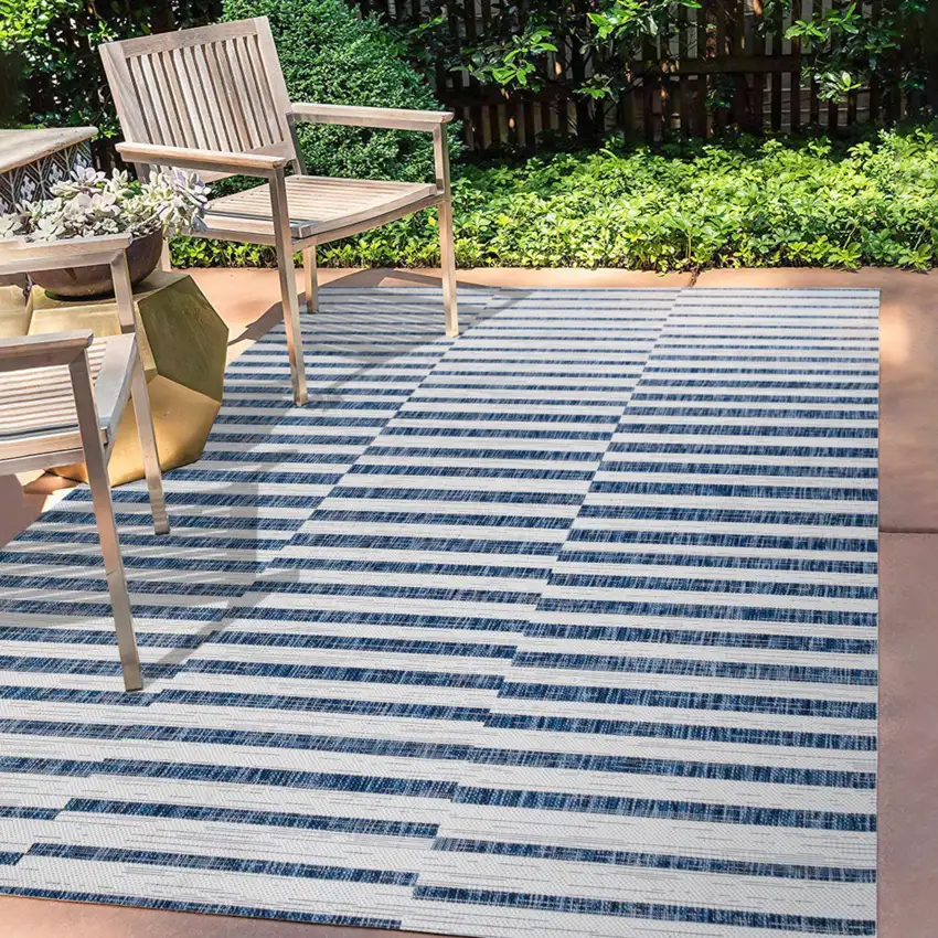 Ivory And Blue Striped Indoor Outdoor Area Rug Photo 9