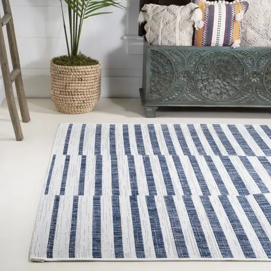 Ivory And Blue Striped Indoor Outdoor Area Rug Photo 7