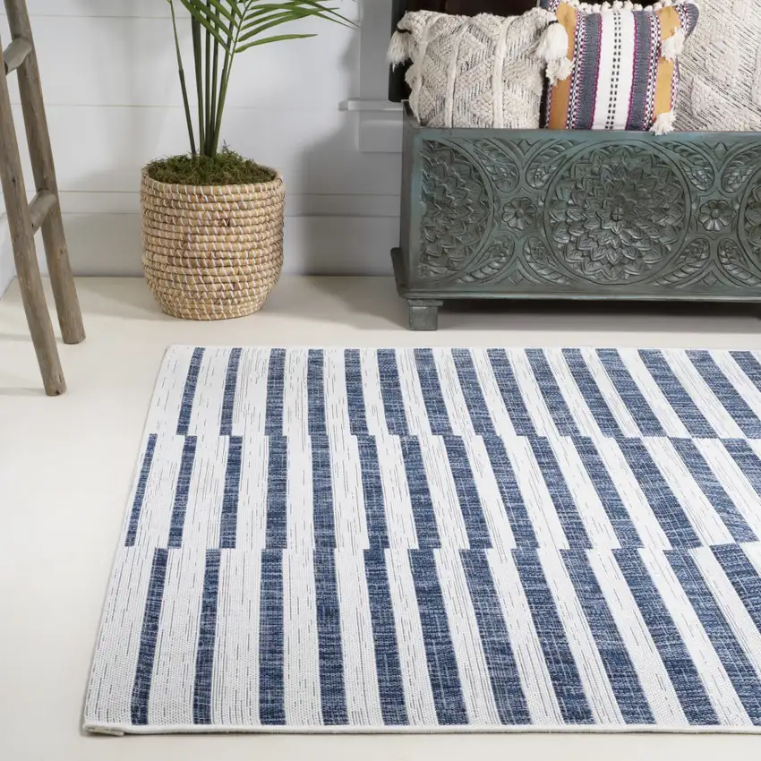Ivory And Blue Striped Indoor Outdoor Area Rug Photo 7