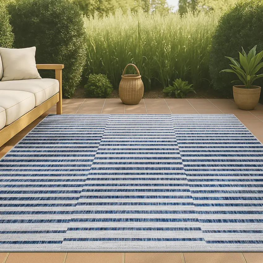 Ivory And Blue Striped Indoor Outdoor Area Rug Photo 5