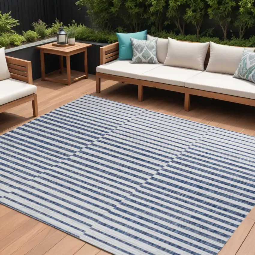 Ivory And Blue Striped Indoor Outdoor Area Rug Photo 1