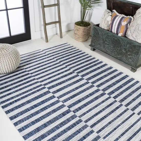 Ivory And Blue Striped Indoor Outdoor Area Rug Photo 7