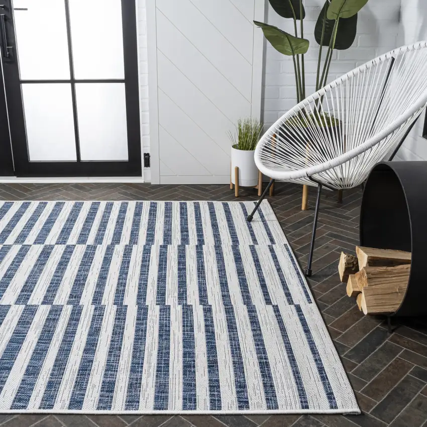 Ivory And Blue Striped Indoor Outdoor Area Rug Photo 9