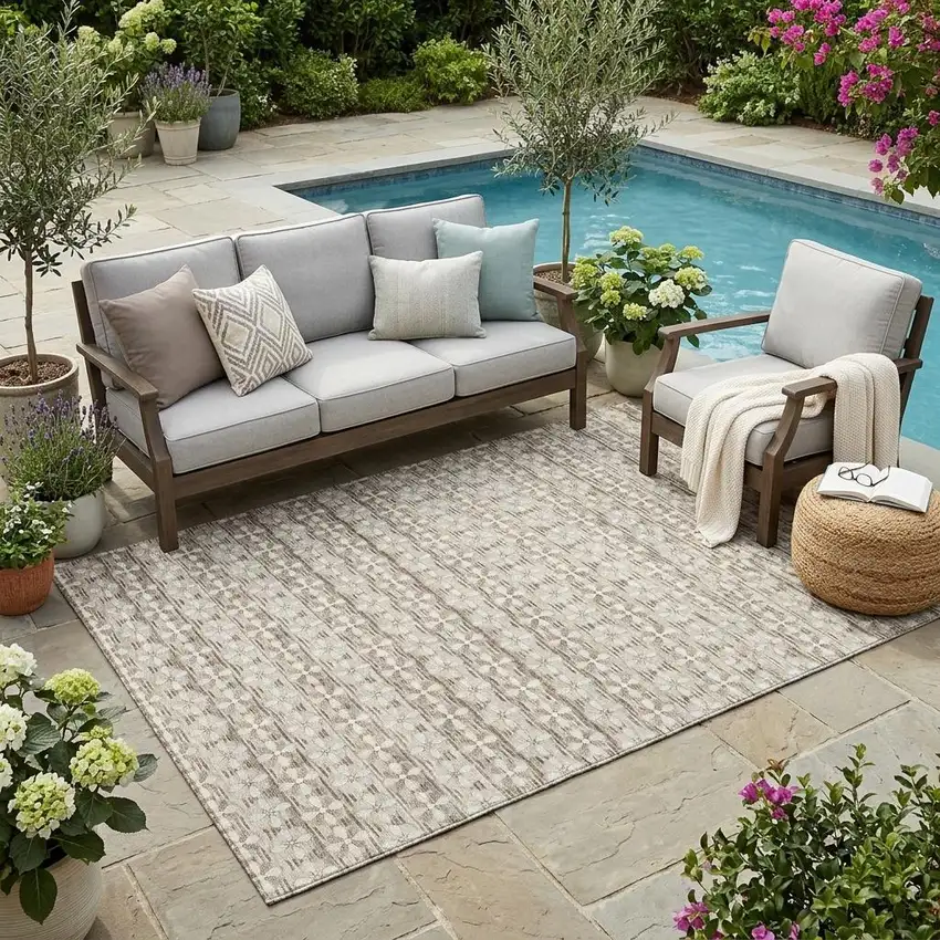 Ivory And Blue Striped Washable Indoor Outdoor Area Rug Photo 1
