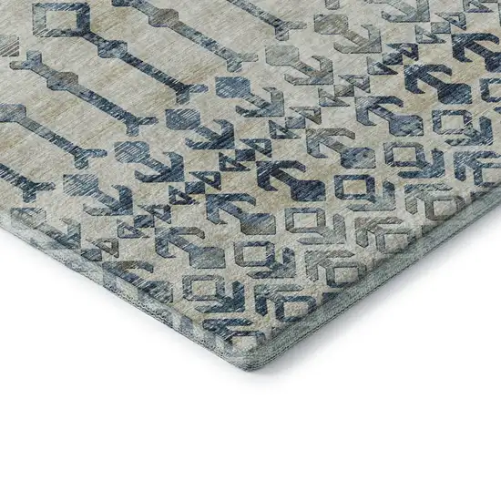 Ivory And Blue Tribal Washable Area Rug With UV Protection Photo 8