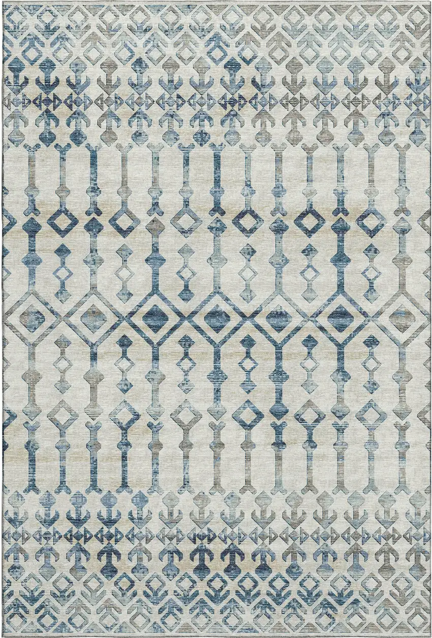 Ivory And Blue Tribal Washable Area Rug With UV Protection Photo 2