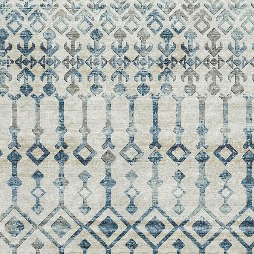 Ivory And Blue Tribal Washable Area Rug With UV Protection Photo 4