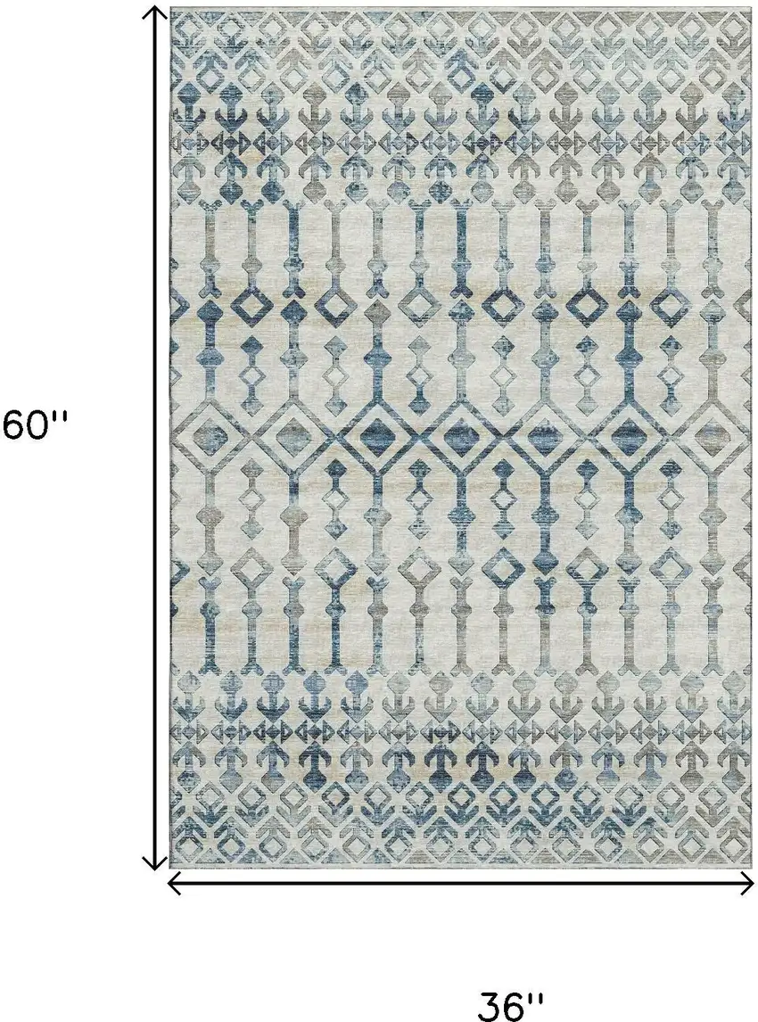 Ivory And Blue Tribal Washable Area Rug With UV Protection Photo 3