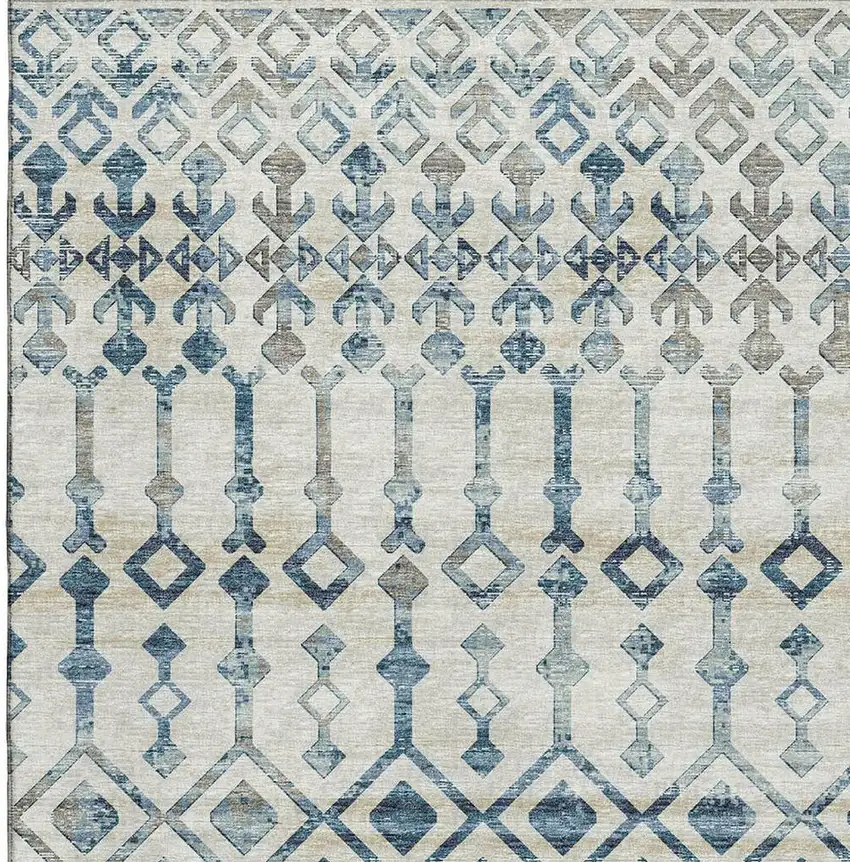 Ivory And Blue Tribal Washable Area Rug With UV Protection Photo 4