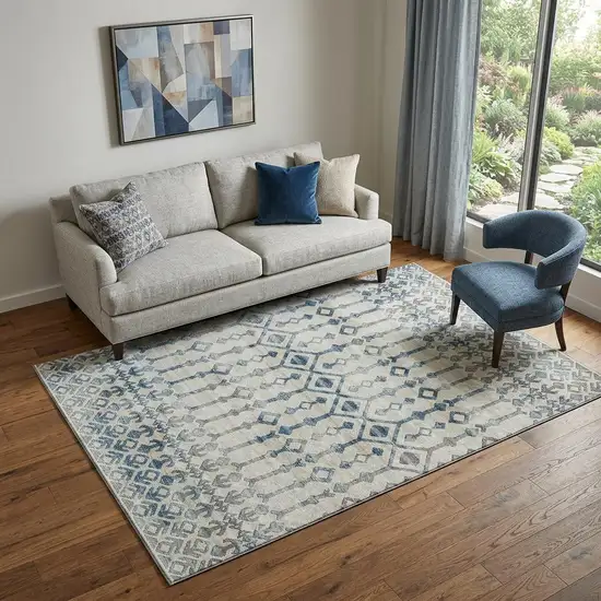 Ivory And Blue Tribal Washable Area Rug With UV Protection Photo 1