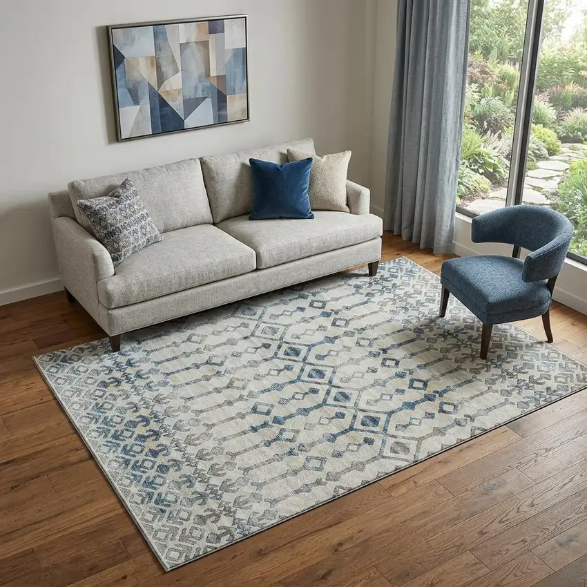 Ivory And Blue Tribal Washable Area Rug With UV Protection Photo 1