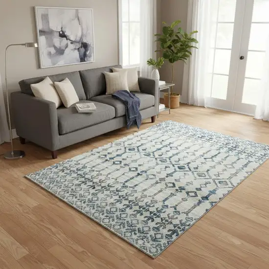 Ivory And Blue Tribal Washable Area Rug With UV Protection Photo 1