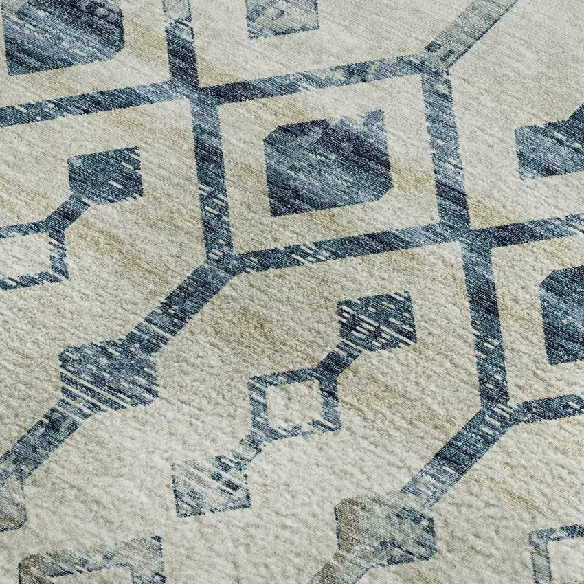 Ivory And Blue Tribal Washable Area Rug With UV Protection Photo 5